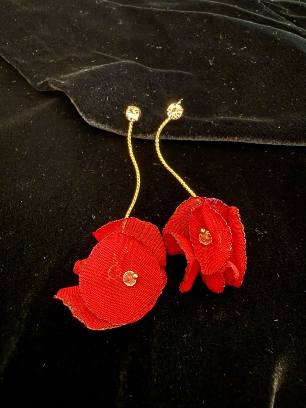 Red Floral Drop Earrings - Gold Accent
